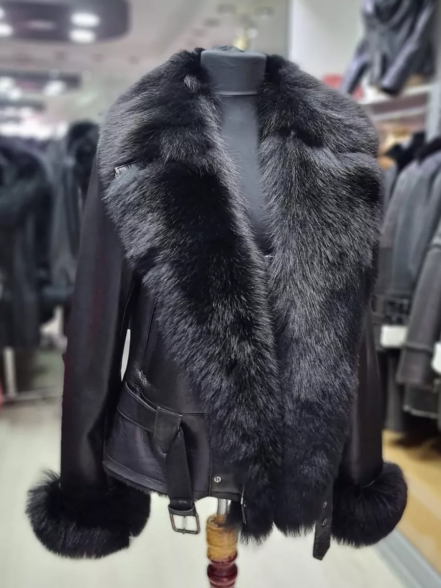Women Genuine Fox Fur Trim Real Shearling Biker Jacket Black Short Fur Coat  | eBay