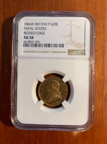ITALY PAPAL STATES 1866 20 LIRE GOLD COIN ALMOST UNCIRCULATED NGC CERTIFIED AU58