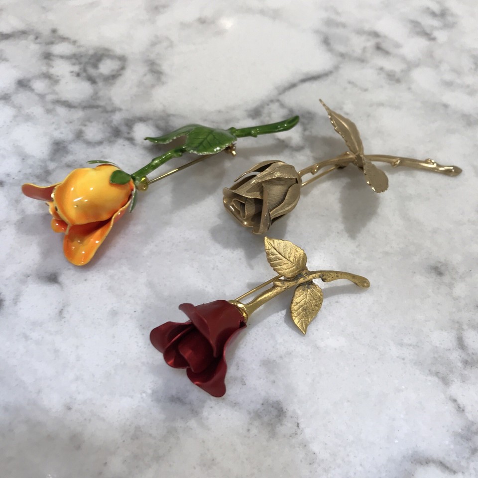 3 Rose Bud Flower Brooch Pins Gold Tone Signed Giovanni, Avon, Unsigned