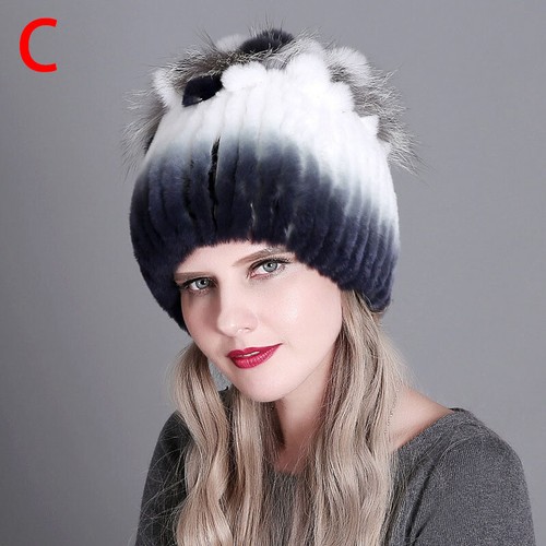 Women Real Rex Rabbit Fur Hat Winter Warm Knitted Stretch Beanie Outdoor Caps - Picture 2 of 38