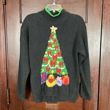 Eagles Eye Sweater Christmas Tree Gifts Women’s Medium Black Mock Neck VTG 90's