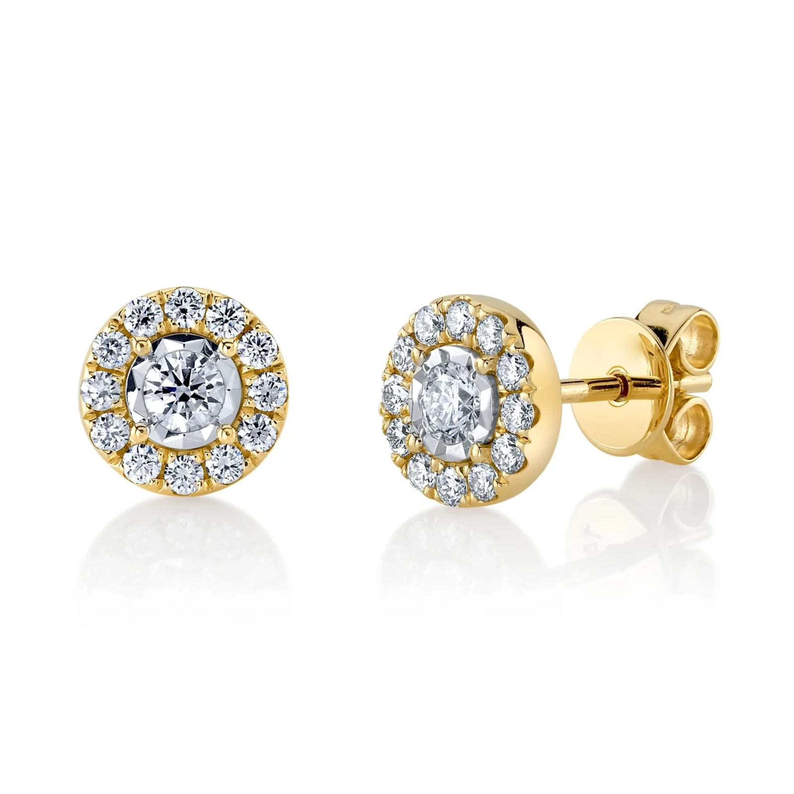 Diamond Halo Stud Earrings 14K Yellow Gold Round Cut 0.43CT Natural Illusion Set