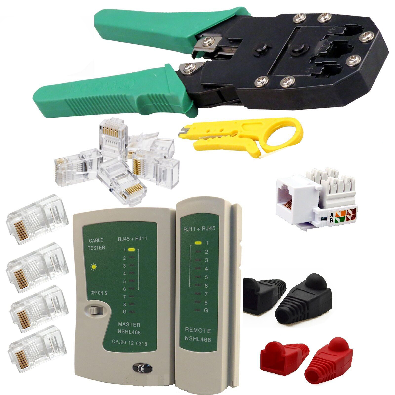 Kit Complet Réseau : Testeur Câble, Pince à Sertir RJ45/RJ11, Coupe-câble - Pour Cat5e/Cat6