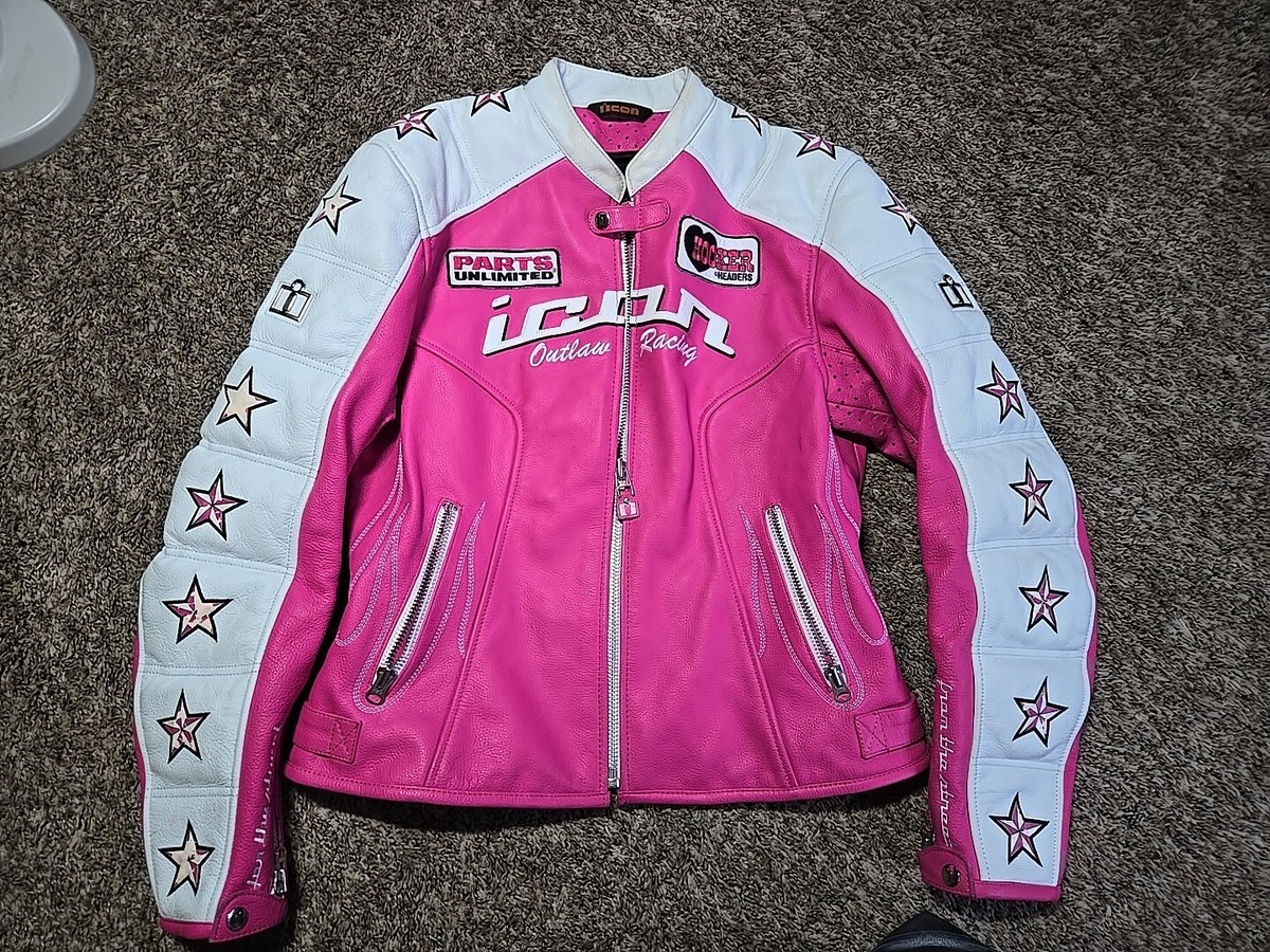 【threetimes】24fw Pink letter biker jacket Icon Kitty Pink White Leather Motorcycle Women's Jacket XL