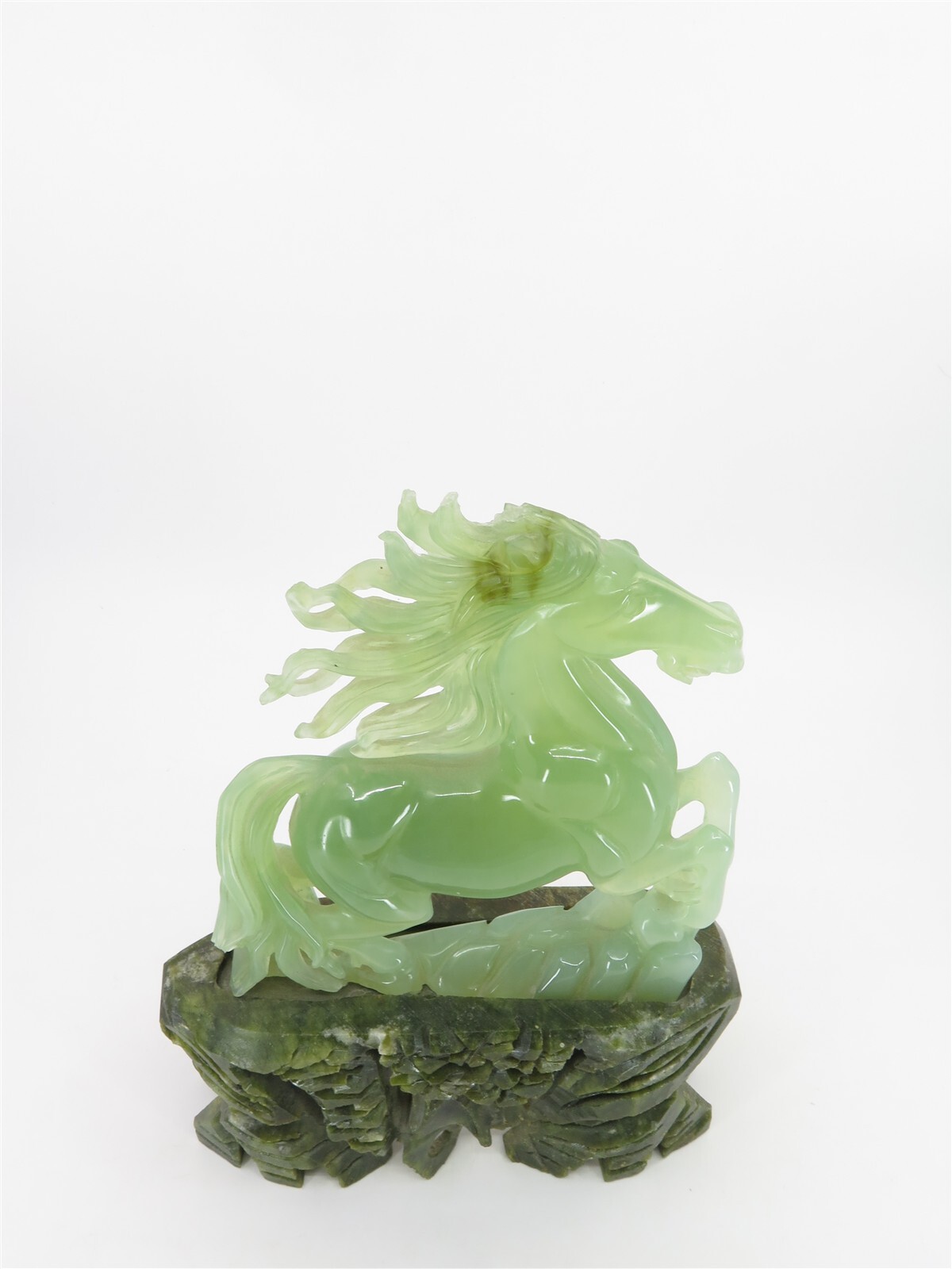 Chinese Translucent Xiu Jade Horse atop Stone Carved Base 9.25" Tall x 6.25"