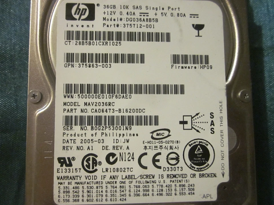 HP 375712-001 DG036A8B5B 36GB 10K SAS Hot Plug 2.5in Hard Drive MAV2036RC #55 - Image 2 of 4