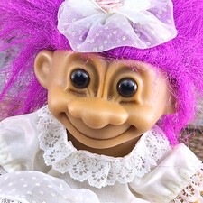 Vintage Russ Troll Doll Bride Figure Pink Hair Brown Eyes Wedding Dress 5 in