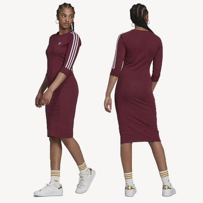 adidas Originals 3 Stripes Dress Casual Midi Kleid Burgundy sexy & sportiv