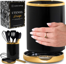 Black and Gold Utensil Holder with Built-In Spoon Rest - 2 PC Large Ceramic Uten