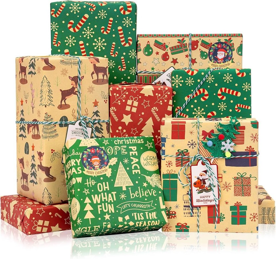 Toptime Christmas Wrapping Paper, Kraft Gift Wrapping Paper Set with ...