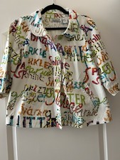 New Women s Multicolored abstract print button up Round collar Denim Jacket Sz L