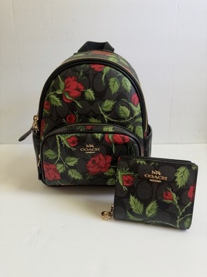 coach backpack rose print Coach Mini Court Backpack W/ Wallet Signature Leather, Fairytale Rose Print