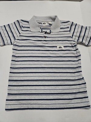 Quicksilver Polo Shirt Boys Size M Grey With Blue Stripes With Front Pocket