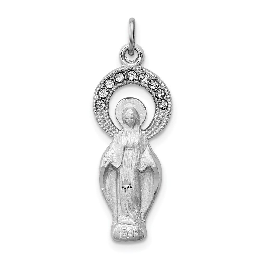 Sterling Silver Platinum-plated & Satin Cubic Zirconia Miraculous Medal Pendant