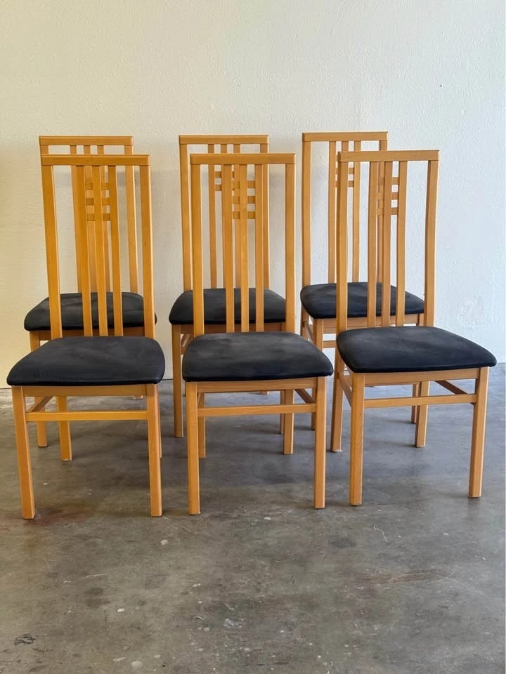 Sillas de comedor italianas de IMS SRL - Madera de arce y tapicería negra - Juego de 6 Foto 2 de 4