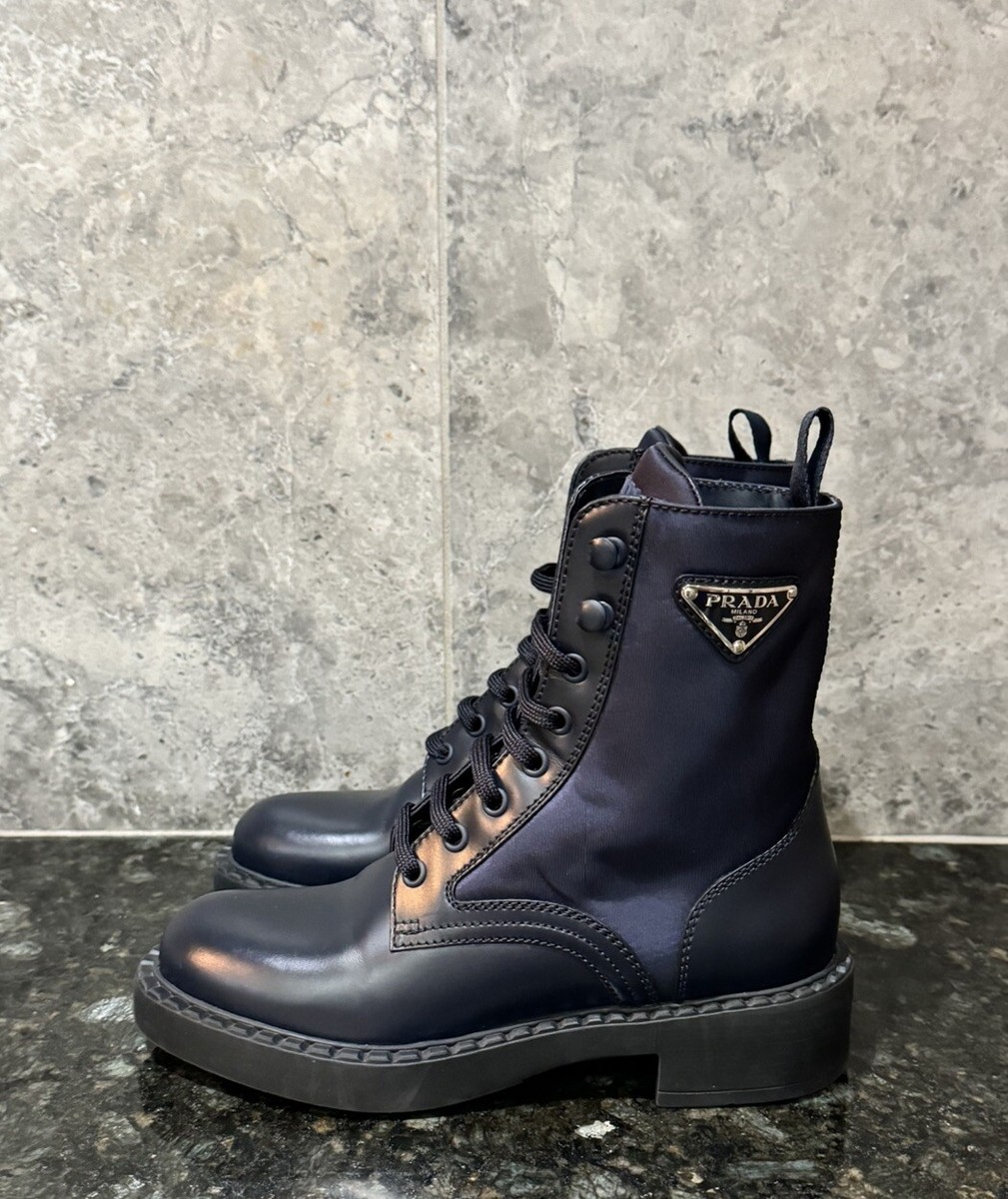 PRADA Women's Leather & Re-Nylon Logo Combat Boots Blue 35 / 5 US