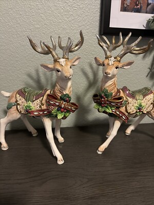 Fitz & Floyd Florentine Christmas Deer Reindeer 11'' White Stag Set Of 2