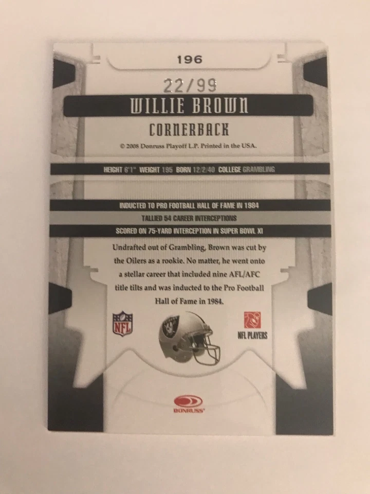 2008 Leaf Limited Spotlight NFL Willie Brown Legend Oakland Raiders Silver #/99 - Image 2 of 2