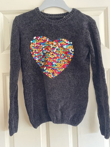 George Sequin Heart Colour Change Grey To Colourful Jumper Top Black 10-11 Years - Picture 2 of 9