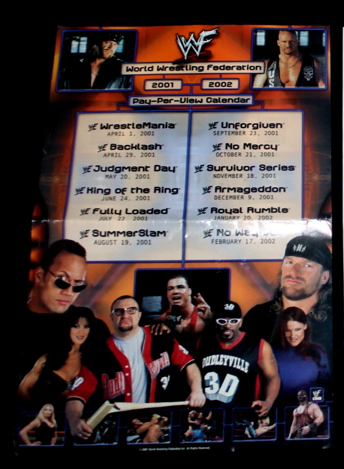 Póster calendario calendario WWF WWE 2001-2002 The Rock Stone Cold Wrestling 11"x17" Foto 2 de 3