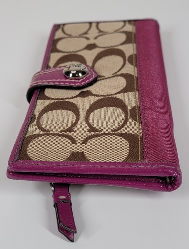 Coach Signature Slim Card Wallet Envelope Tan Khaki Berry Purple Magenta Fold - Picture 6 of 14