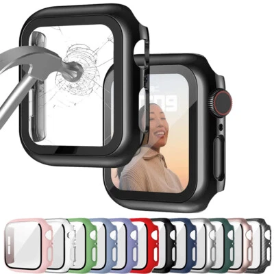QVBWORLD Tempered Glass Screen Protector+Case Cover For iWatch Apple Watch 9/8/7/6/5/4/SE
