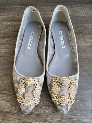 Manolo Blahnik Hangisi 37 グレー Manolo Blahnik Gray Lace And Satin Hangisi Flats Size 37 US