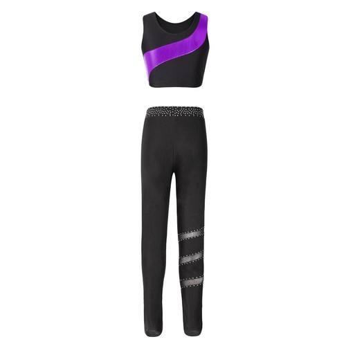 Kids Girl's Crop Top With Pants Shiny T-shirt Tights Set Sports Dance Outfit - Picture 33 of 53