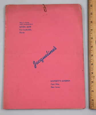 Vintage Restaurant Menu Jacquelines Cape May New Jersey Bahia Mar Ft. Lauderdale