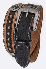 Men's Studded Embossed Western Genuine Leather Belt