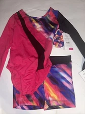 Danskin Now Girls Pink/Black Long Sleeve Leotard W Matching Shorts XS 4/5