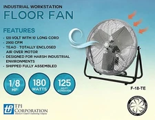 TPI F18-TE 18" Industrial Workstation Floor Fan, 1/8 HP, 3 Speed, 120V