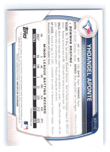 2023 Bowman #BCP-110 Yhoangel Aponte Chrome Prospects RayWave Blue #/150 - Bild 2 von 2