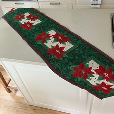 Christmas Tapestry Table Runner Green  Red Holiday Poinsettias 13  X 68  