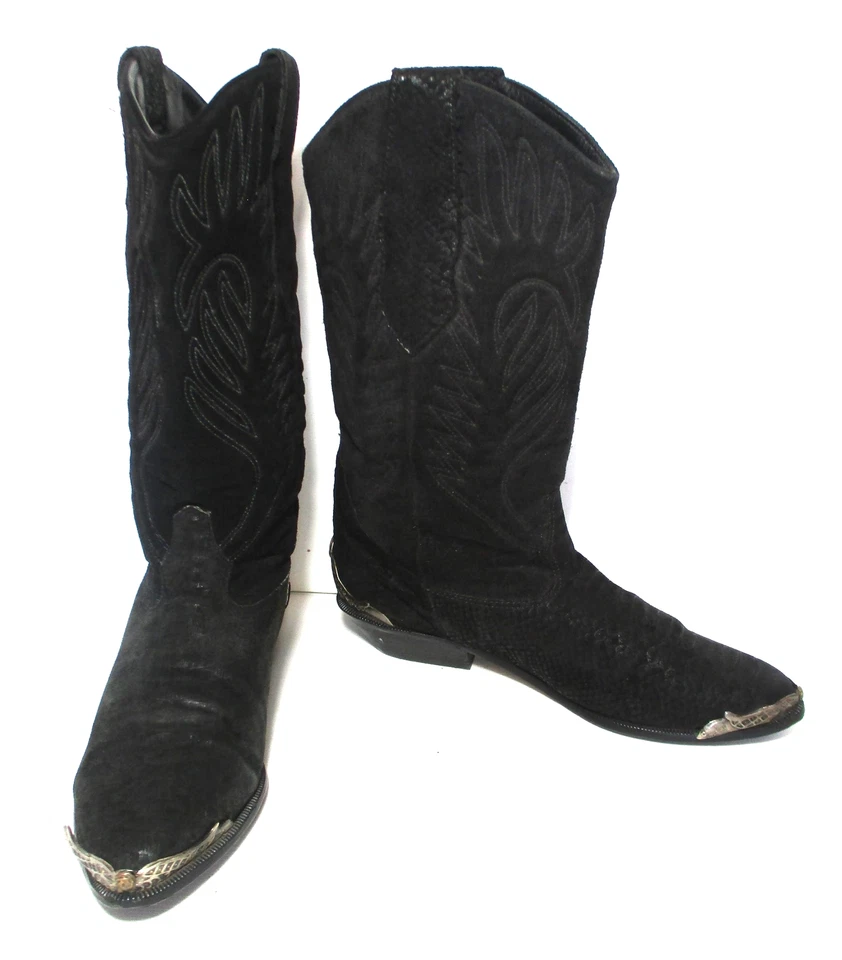 Vintage 1980s Zodiac Boots 6 1/2M Women Black Faux Leather Suede Silver Tips - Image 2 of 4