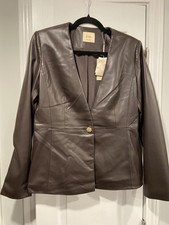 NWT Elie Tahari Size 4 Dark Brown Faux Leather Gold Button Blazer Lined Stretch