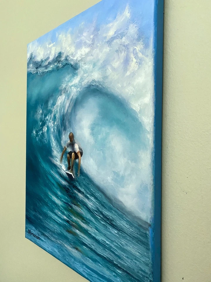Pintura al óleo de surfista arte original paisaje marino surf océano ola surf arte de pared 12x16 Foto 2 de 4