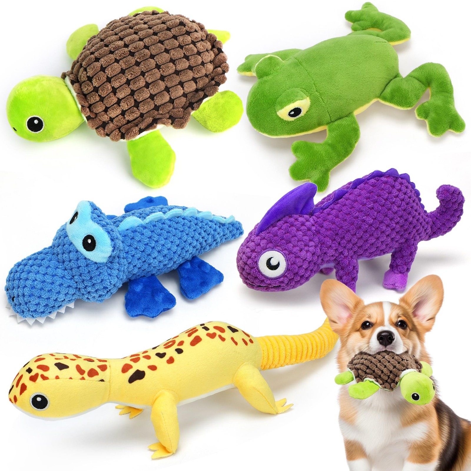 Prime Pets 5Pack Plush Crinkle Squeaky Dog Toys, Assorted S/