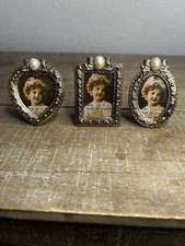 VTG Set 3 Miniature Picture Frames Ornate Gold Metal Faux Pearl Accent 1.5x2  