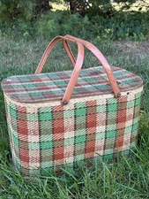 Vintage Metal Handled Wicker Picnic Basket MCM Plaid 16x11x10” Wood Wicker