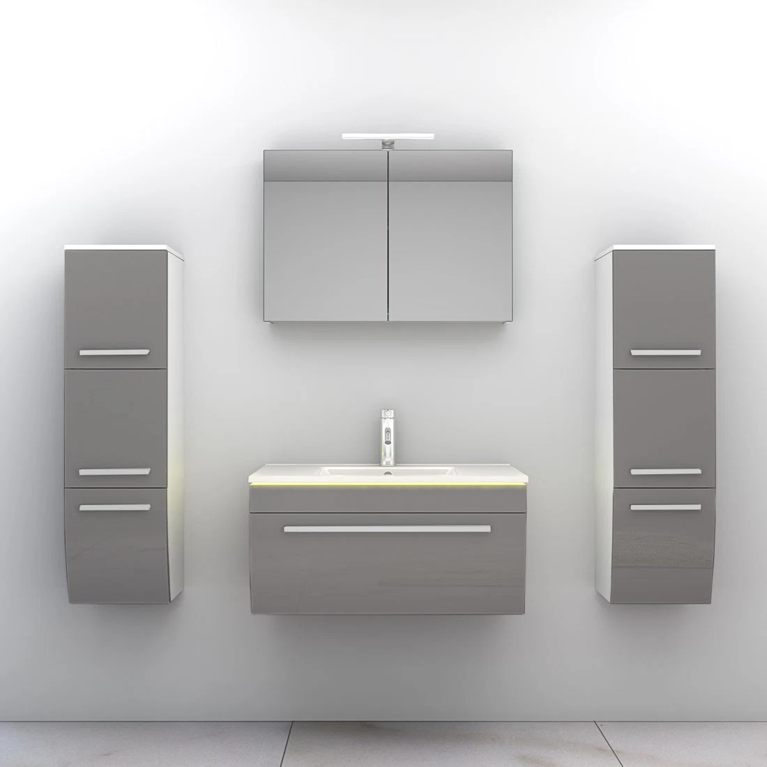 Badmöbel Set Gently 3 V3 Weiß/Grau Badezimmermöbel Badspiegel Waschtisch 80 cm