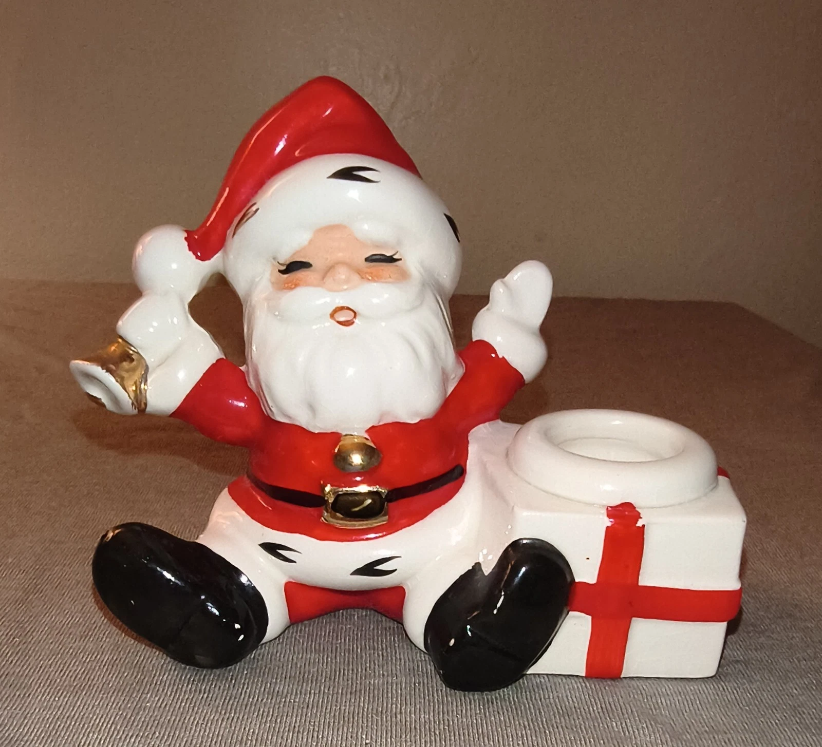 Vintage Ceramic Santa With Gift Christmas Taper Candle Holder image 1