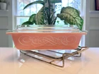 PYREX Vintage Pink Scroll 045 1.5 Qt Casserole w/ Lid and Cradle