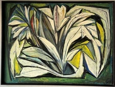 EMIL KOSA JR ANTIQUE MODERN ABSTRACT OIL PAINTING OLD VINTAGE FLOWERS 1957