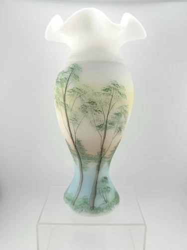 Fenton 8 1/2" Vase Stunning Lake Scene HP by J. Cutshaw #23/250 Limited Edition