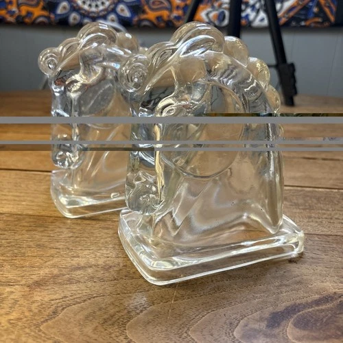 2 Vintage Clear Federal Glass Horse Head Bookends Set Art Deco Style Stallions
