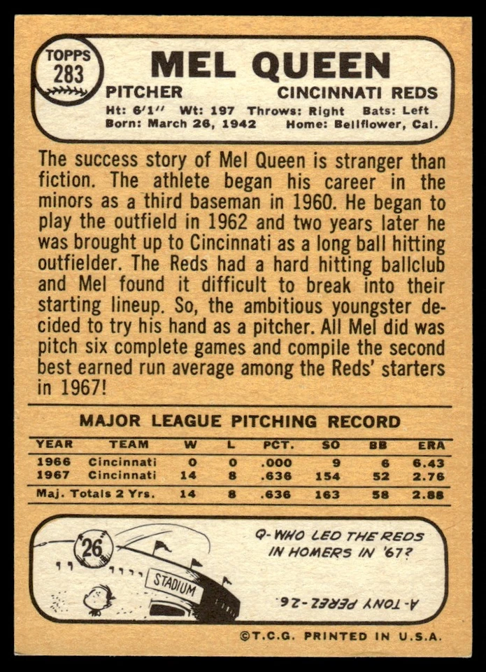 1968 Topps Mel Queen Cincinnati Reds #283 - Image 2 of 2