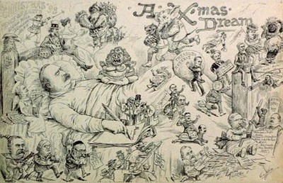 A X-mas dream,Christmas,Grover Cleveland,Uncle Sam,Dreaming,Santa Claus,1893
