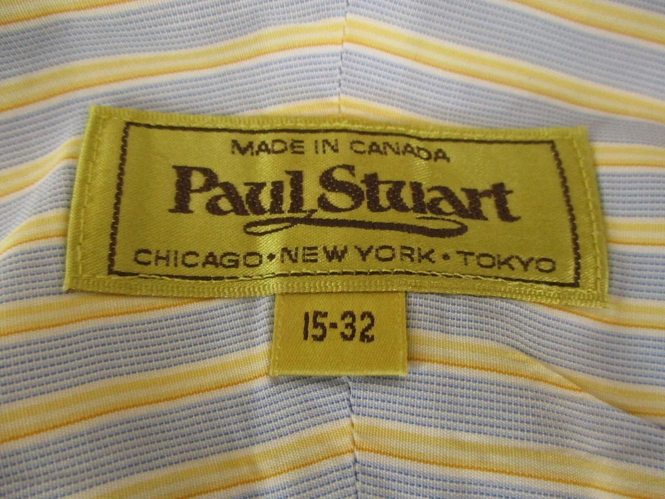 Camisa de vestir Paul Stuart para hombre azul amarillo a rayas manga larga algodón 15-32 Foto 3 de 3