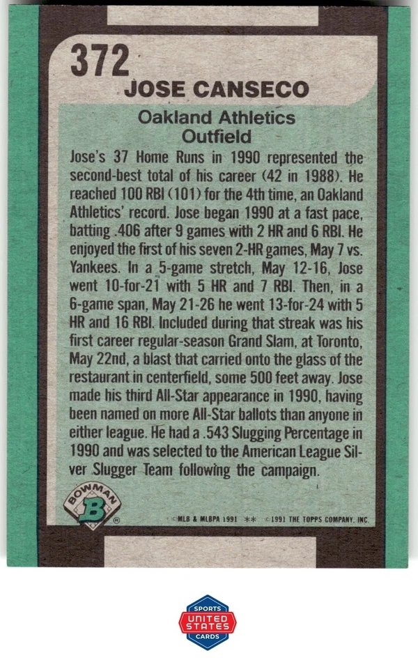 1991 Bowman #372 Jose Canseco - Image 2 of 2